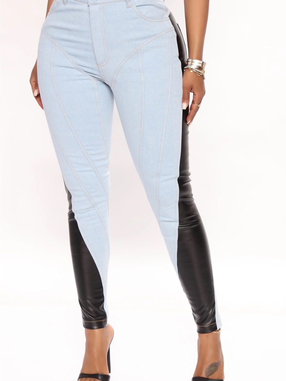 Fashion Nova Two-Tone Skinny Jeans - Light Blue & Black Faux Leather